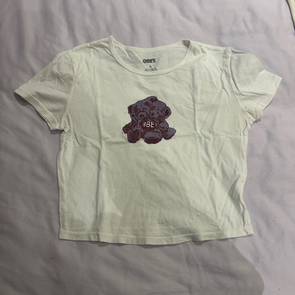 Obey White Tee with Purple Bear Graphic